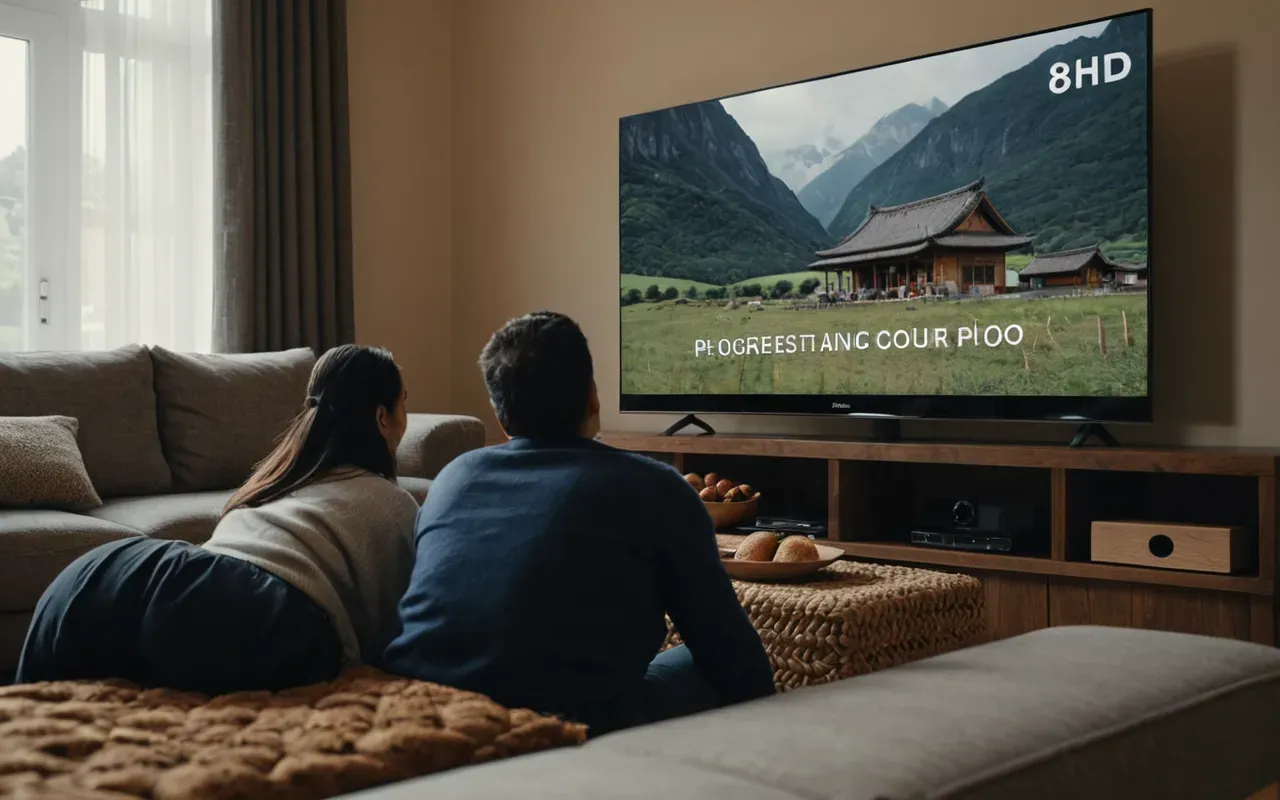 Modern interior of a cozy living room with large television screen displaying documentary footage while two people sit on comfortable sofa watching attentively in warm evening light