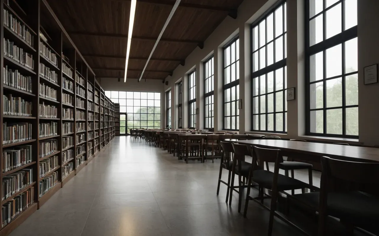 intentional burial Modern minimalist library reading room with tall glass windows, neutral bookshelves, and soft ambient lighting illuminating a quiet corner