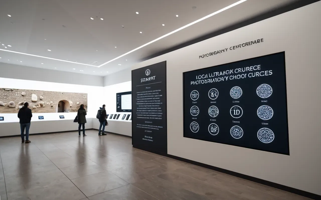 Modern visitor center interior featuring informational displays with digital screens showing animated reconstructions of ancient stone circles against white walls