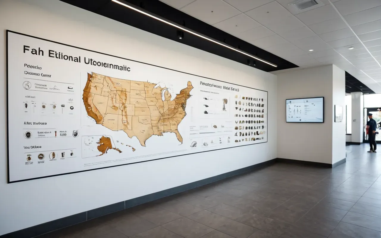 visitor education Modern visitor center interior with clean white walls displaying large informational panels about prehistoric life featuring clear diagrams and neutral color palette under bright artificial lighting
