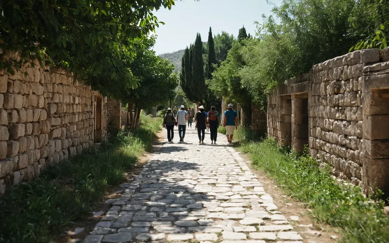 gobeklitepe visitor experience turkey Modern visitors walking along paved pathways observing protected archaeological ruins surrounded by green vegetation under bright daylight conditions in Turkey region