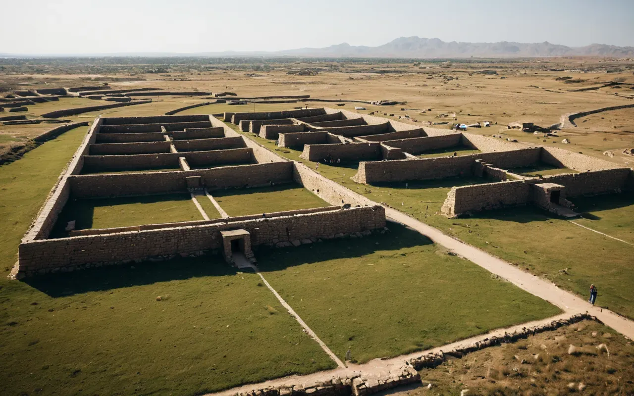 Panoramic view of expansive archaeological park with multiple excavation areas marked by protective roofs and pathways winding through dry grasslands under clear sky