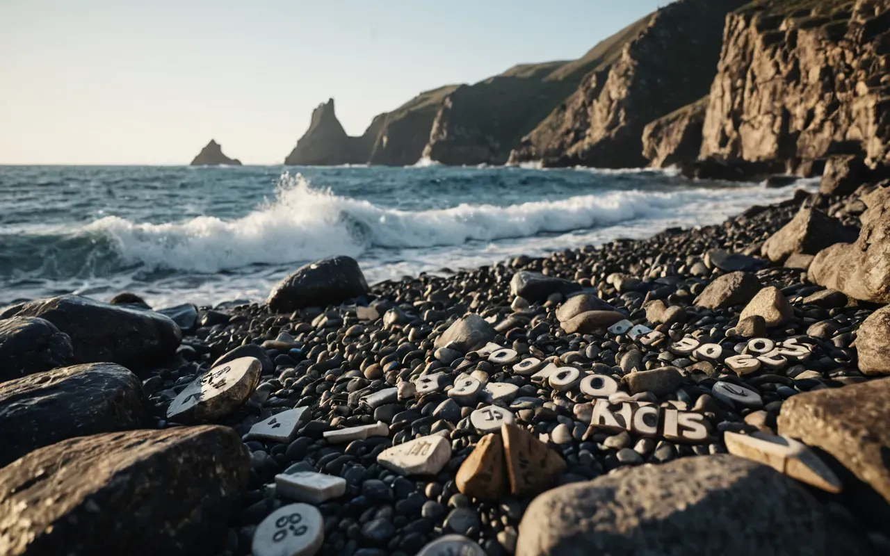 Photo-realistic image of a rugged ancient coastline with crashing waves against jagged rocks. In the foreground lies scattered stone tools and large shark teeth fossils on wet sand. The sky is overcast with dramatic grey clouds suggesting an impending storm at sea during prehistoric times.