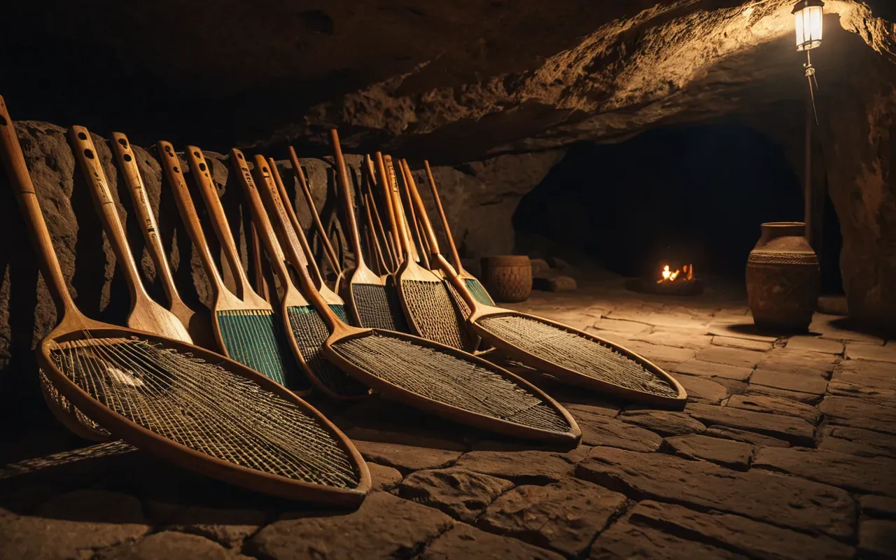 Photo-realistic image of ancient wooden paddles and woven fiber nets resting on a stone floor inside a dimly lit cave. Warm torchlight casts long shadows highlighting the texture of the wood grain and intricate knot patterns in the netting.