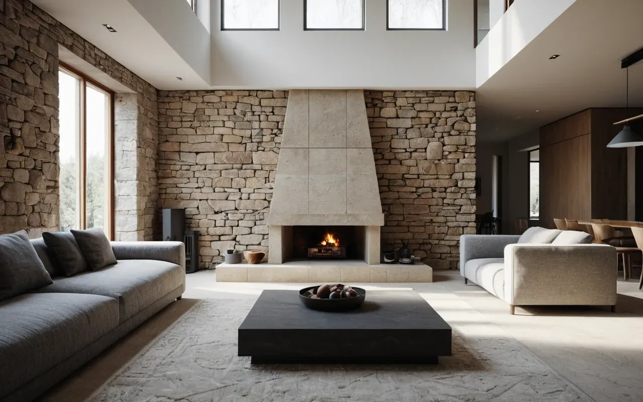 Photorealistic view of a modern minimalist living room with open plan layout and stone accents suggesting the integration of monumental architecture into daily domestic life without any cultural markers.