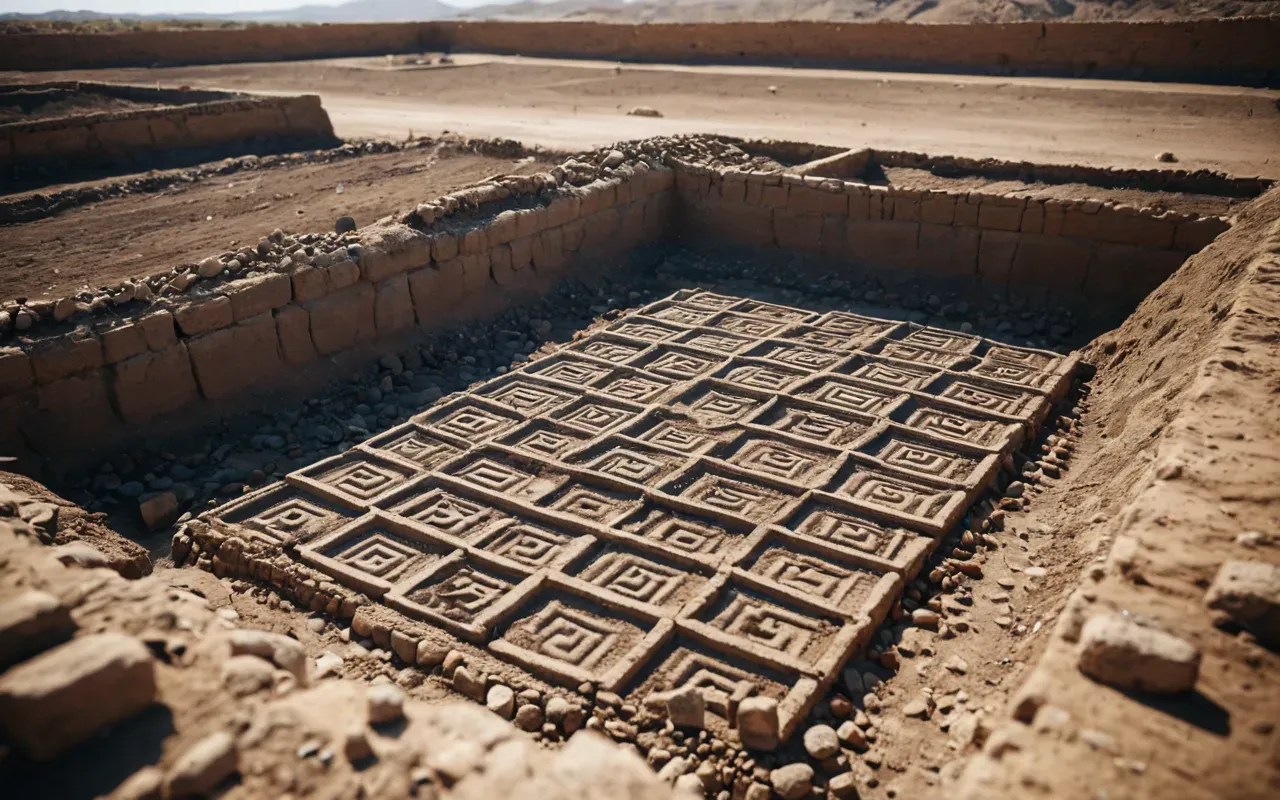 excavation details Photorealistic wide shot of an open archaeological dig site with exposed earth layers showing distinct soil colors and scattered ancient artifacts under clear blue sky