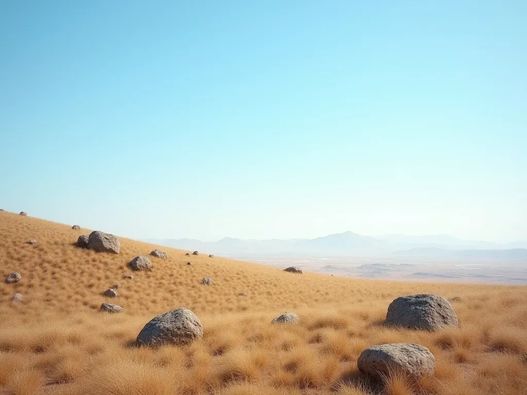Anatolian plateau Serene landscape photograph of a dry grassy hillside with scattered rocks under a vast open blue sky conveying isolation and ancient timelessness without any modern structures or text visible in the frame
