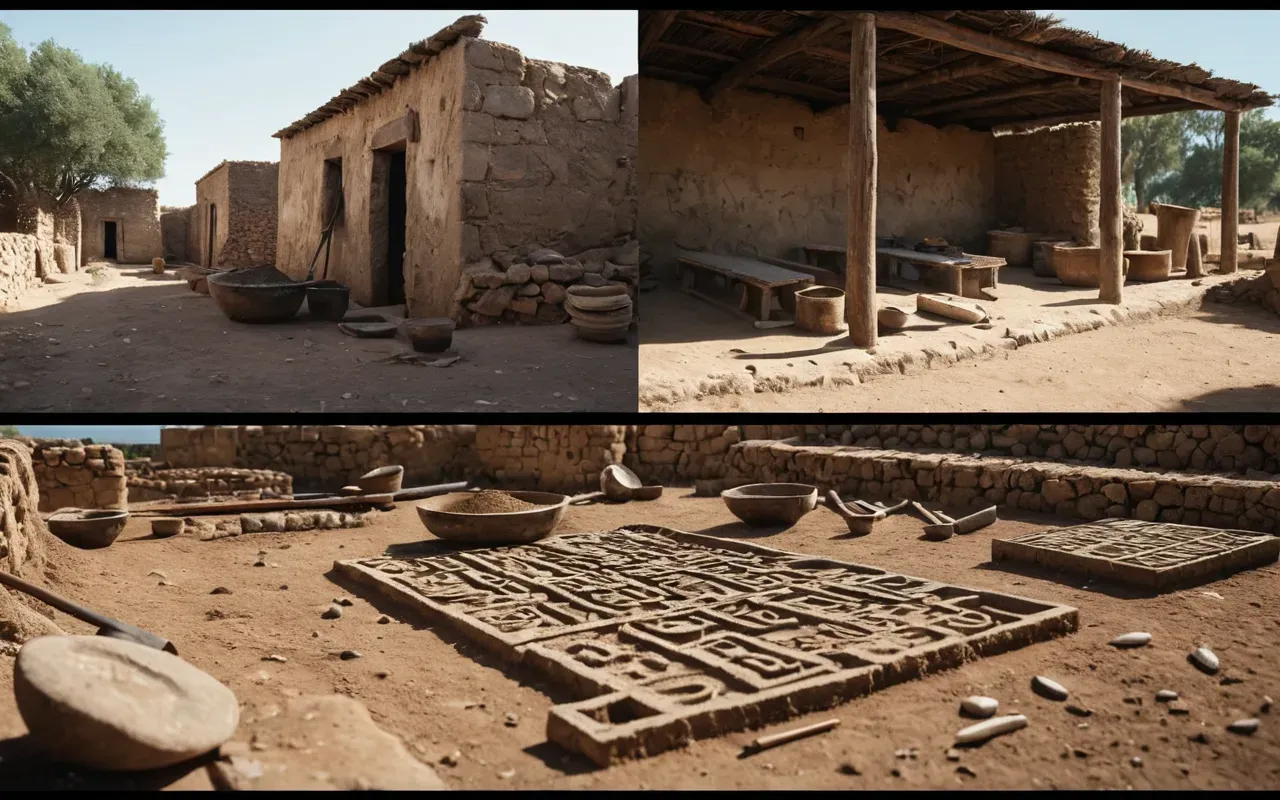 gobeklitepe truth vs myth Split screen composition showing left side realistic archaeological dig site with careful brushwork and measuring tools right side vibrant digitally reconstructed temple interior bathed in golden hour light emphasizing contrast between raw excavation process and final visualized result