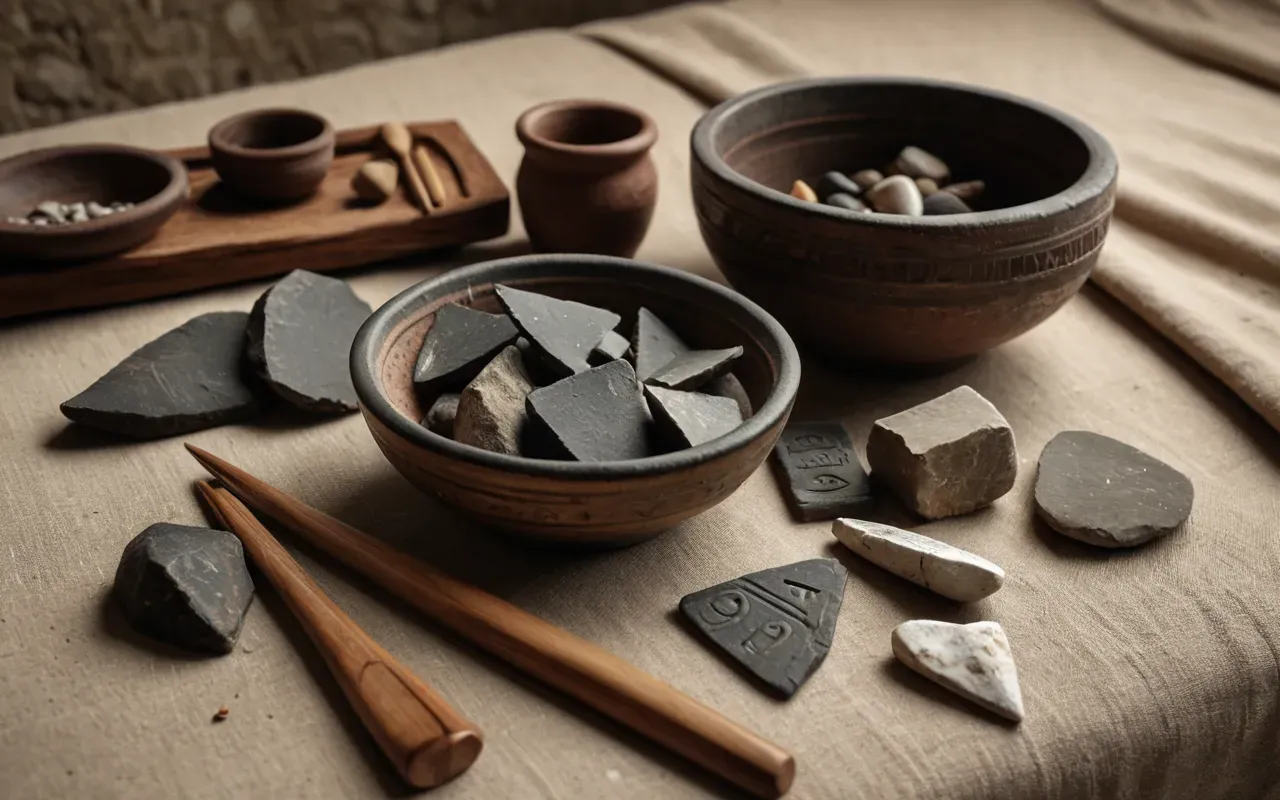 Still life arrangement of ancient pottery shards and flint tools displayed on neutral beige fabric background with soft directional lighting highlighting textures
