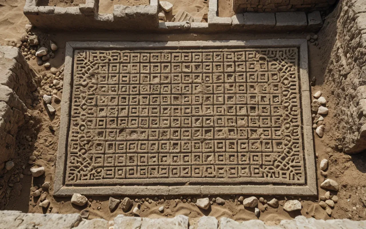 Top-down view of an archaeological excavation grid with exposed limestone floors and scattered bone fragments in a neutral sand-colored substrate, even diffused lighting