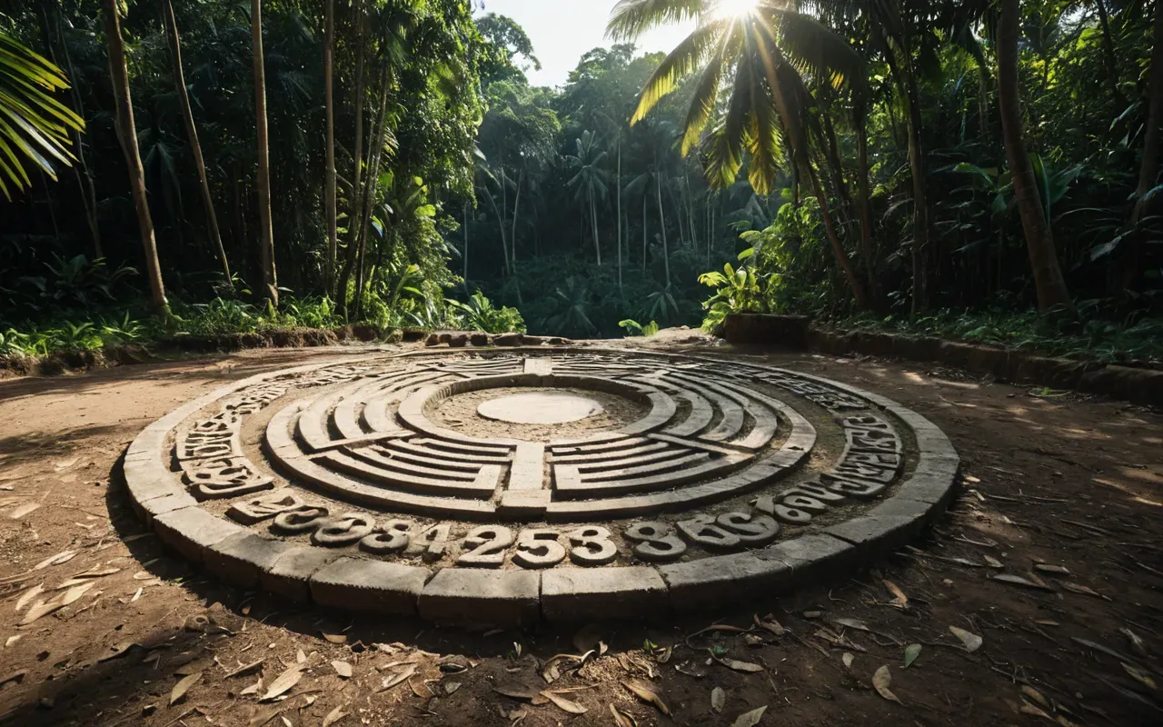 aquiry culture Wide angle photograph of a large circular earthen embankment surrounded by dense jungle trees with sunlight filtering through leaves casting shadows on the ground showing serene ancient atmosphere in realistic photographic style no text visible anywhere