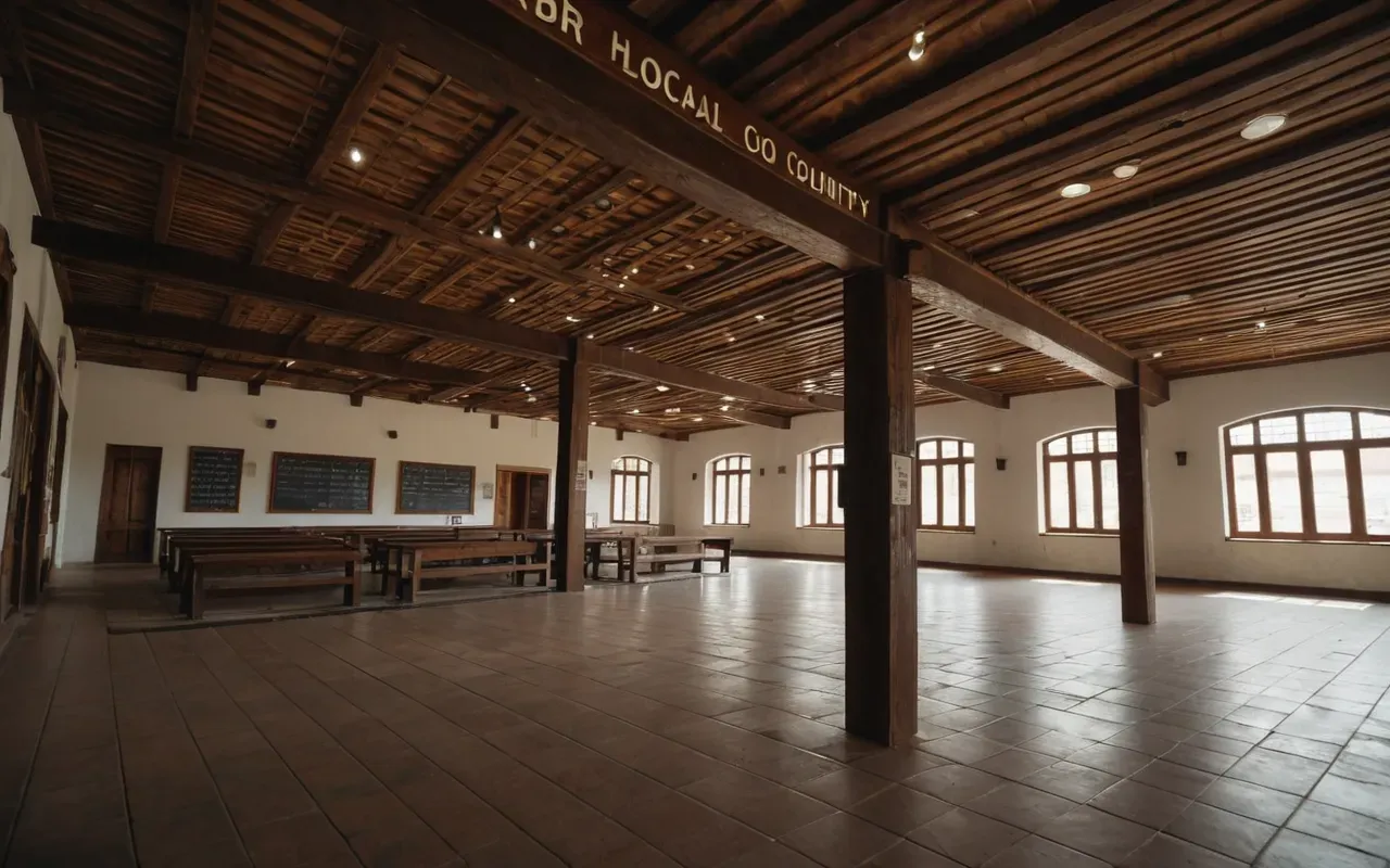 Wide angle shot of a modern community center interior with high ceilings and wooden beams showing how ancient social spaces might have functioned in neutral contemporary style.