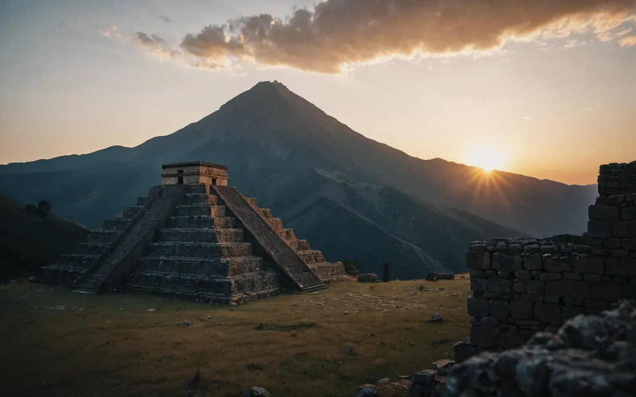 ancient landscape Wide angle shot of a mountain peak with ancient ruins silhouetted against a sunset sky emphasizing grandeur and isolation no text or people visible