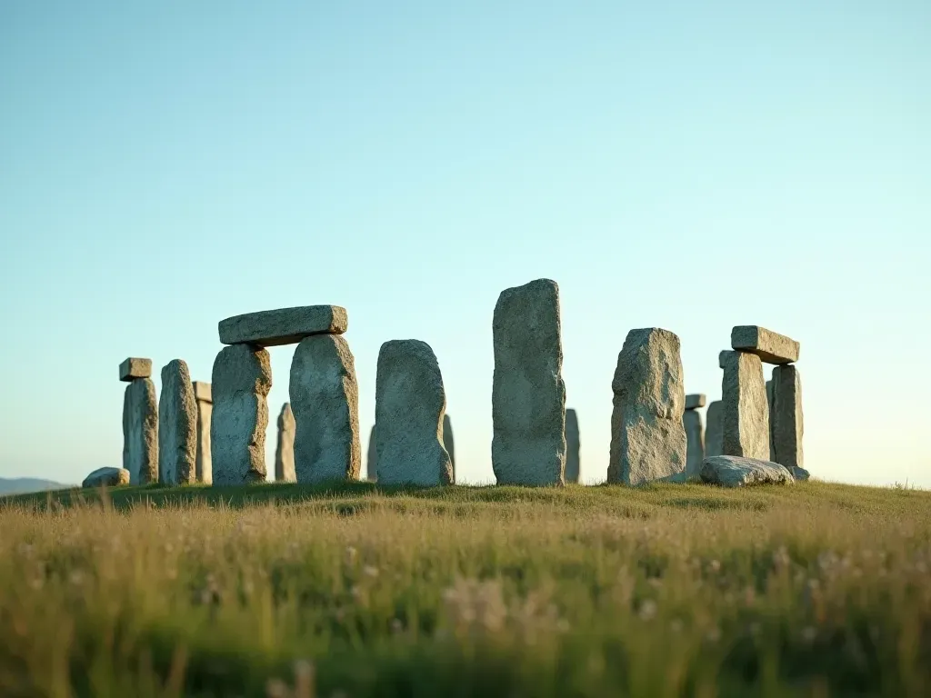 Wide angle shot of an ancient stone circle with tall pillars standing in a grassy field under a clear blue sky.