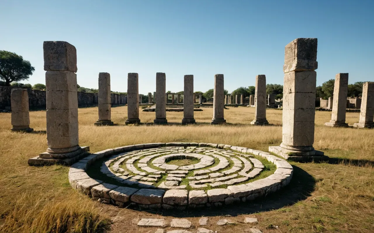 Wide angle shot of ancient t-shaped limestone pillars arranged in a circular pattern under clear blue sky with soft sunlight casting long shadows on the dry grassy terrain