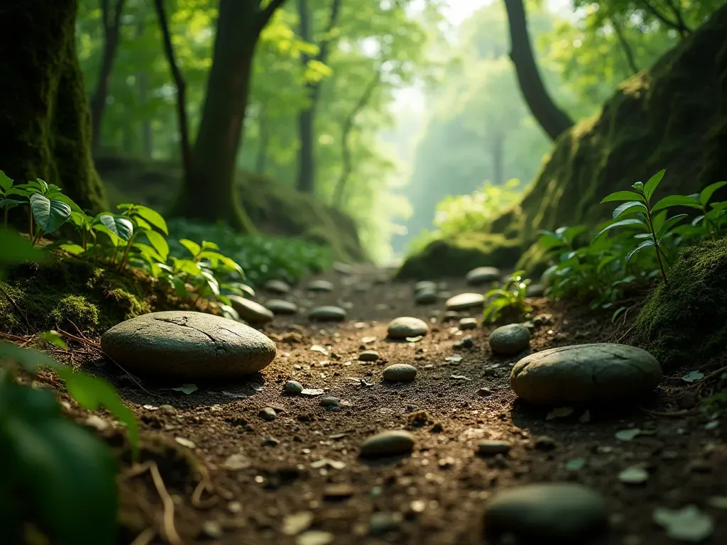 ancient amazon forest floor artifacts Wide angle shot of lush green forest floor with scattered ancient stone tools and geometric soil patterns visible under dappled sunlight creating a mysterious atmosphere