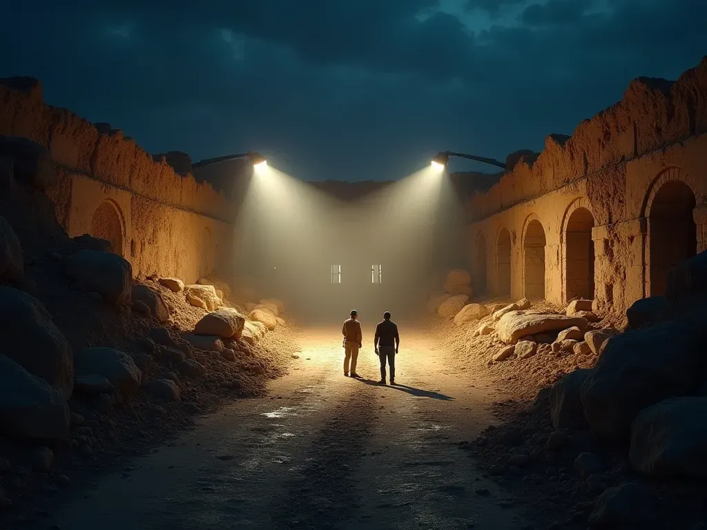 Wide angle view of a large open excavation site at night with bright floodlights illuminating ancient stone structures and long shadows cast by workers standing near the perimeter fence in a dark landscape