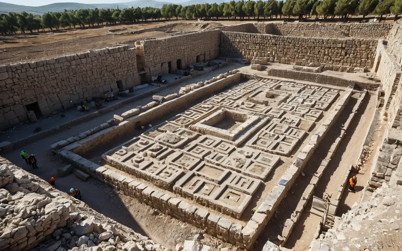 turkey archaeology tourism Wide angle view of a modern archaeological excavation site in sunny Turkey showing workers carefully digging around large stone structures with clear blue sky above
