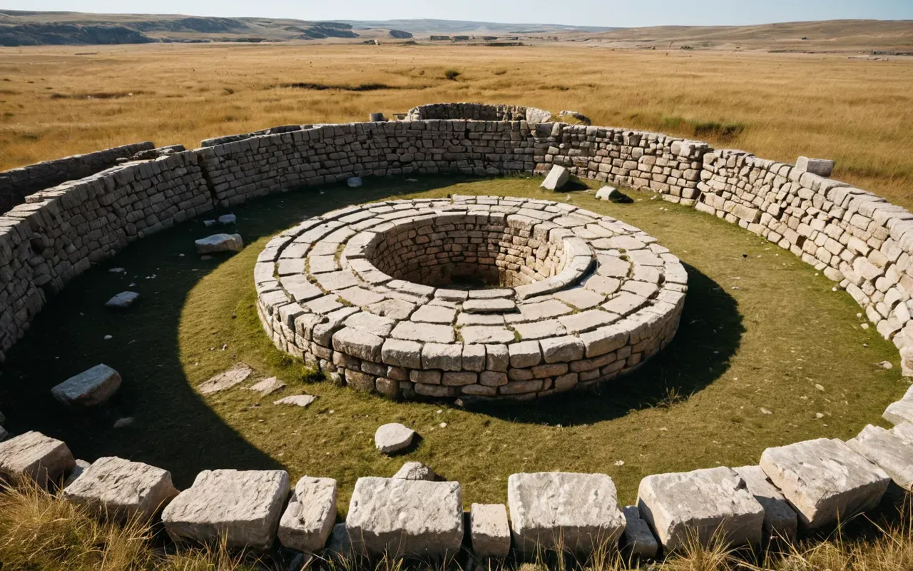 Wide-angle view of an ancient excavation site featuring large circular stone foundations surrounded by dry grassland under bright sunlight. Archaeologists in neutral clothing carefully brush dirt near massive T-shaped limestone pillars partially buried in earth.
