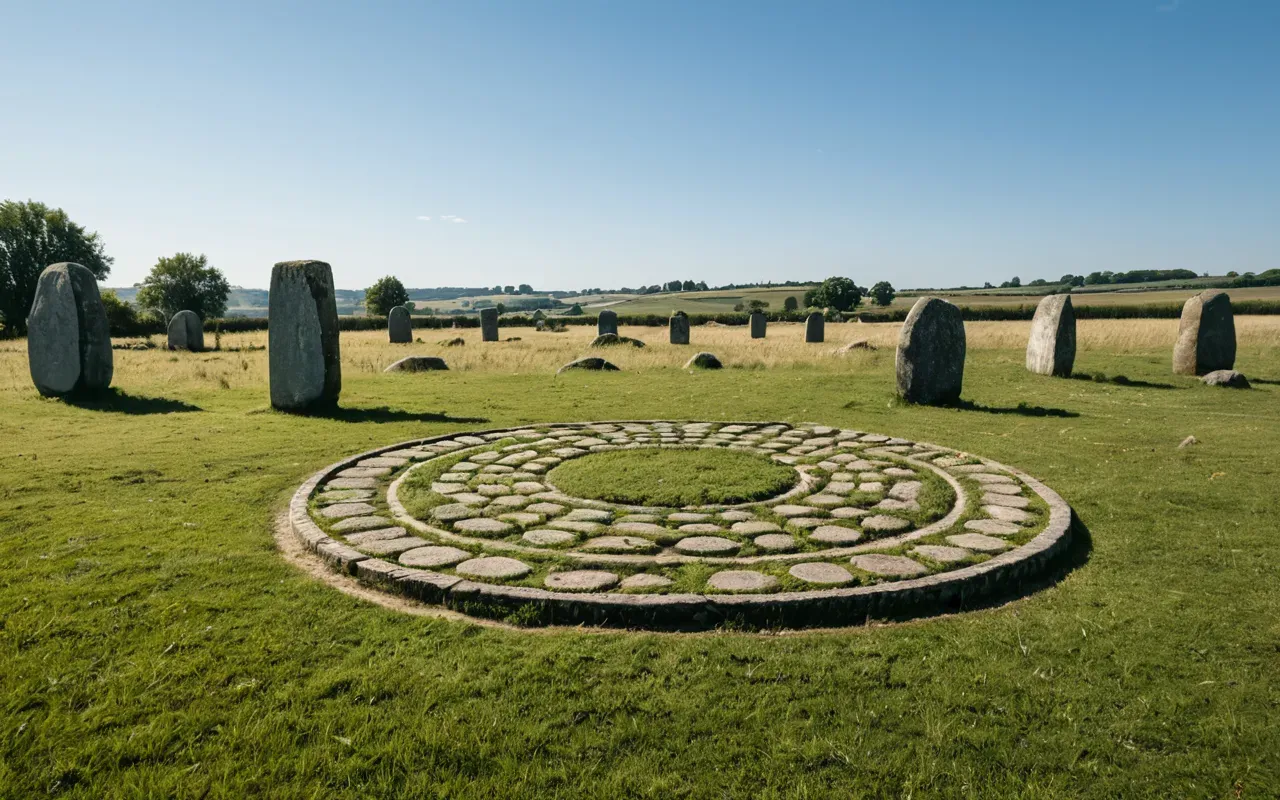 Wide angle view of an open grassy field with large circular patterns formed by standing stones under a clear blue sky during midday light casting distinct shadows across the terrain