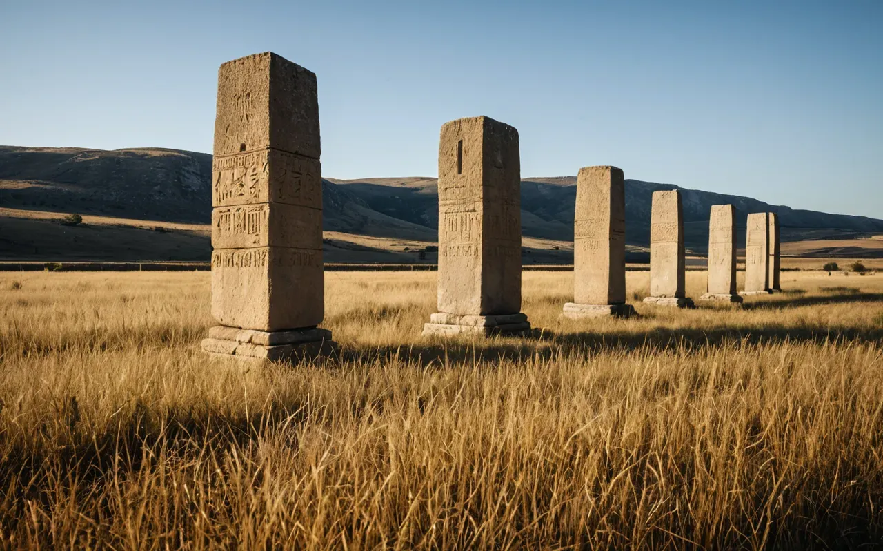 ancient temple origins Wide angle view of multiple tall stone monoliths standing in open field under bright sky with long shadows cast across dry grass creating strong visual contrast