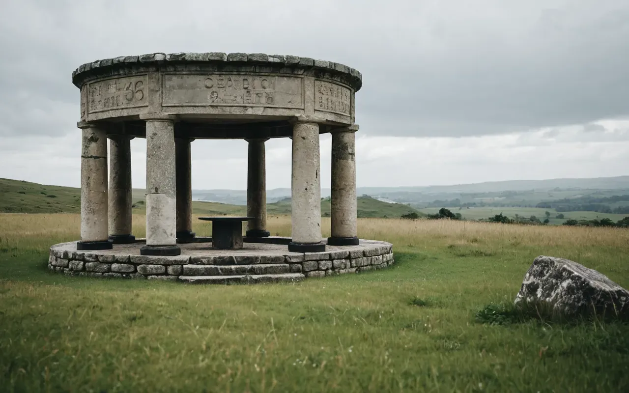 Wide editorial photograph of a circular stone enclosure with upright limestone pillars in an open grassy landscape under soft overcast sky, neutral tones and natural composition