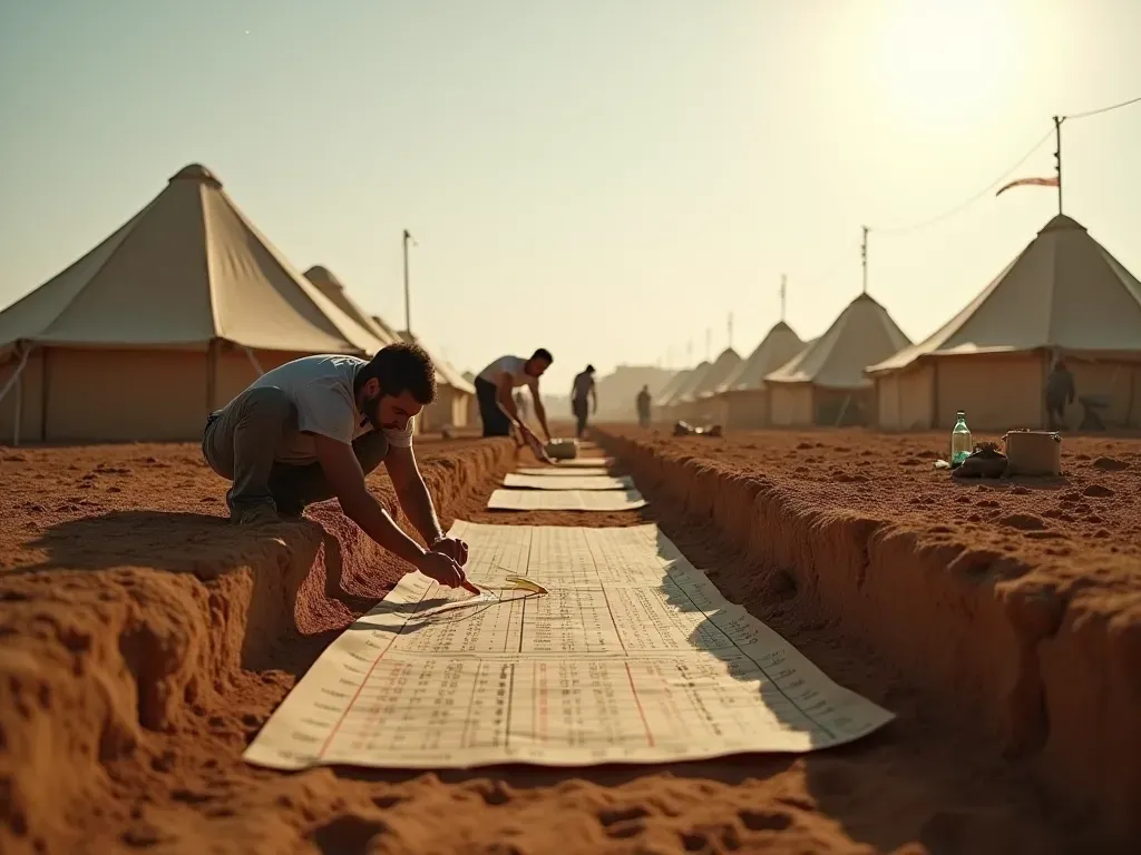Wide editorial photograph of a modern archaeological field camp with canvas tents, measurement grids, and researchers carefully documenting soil layers under bright natural light