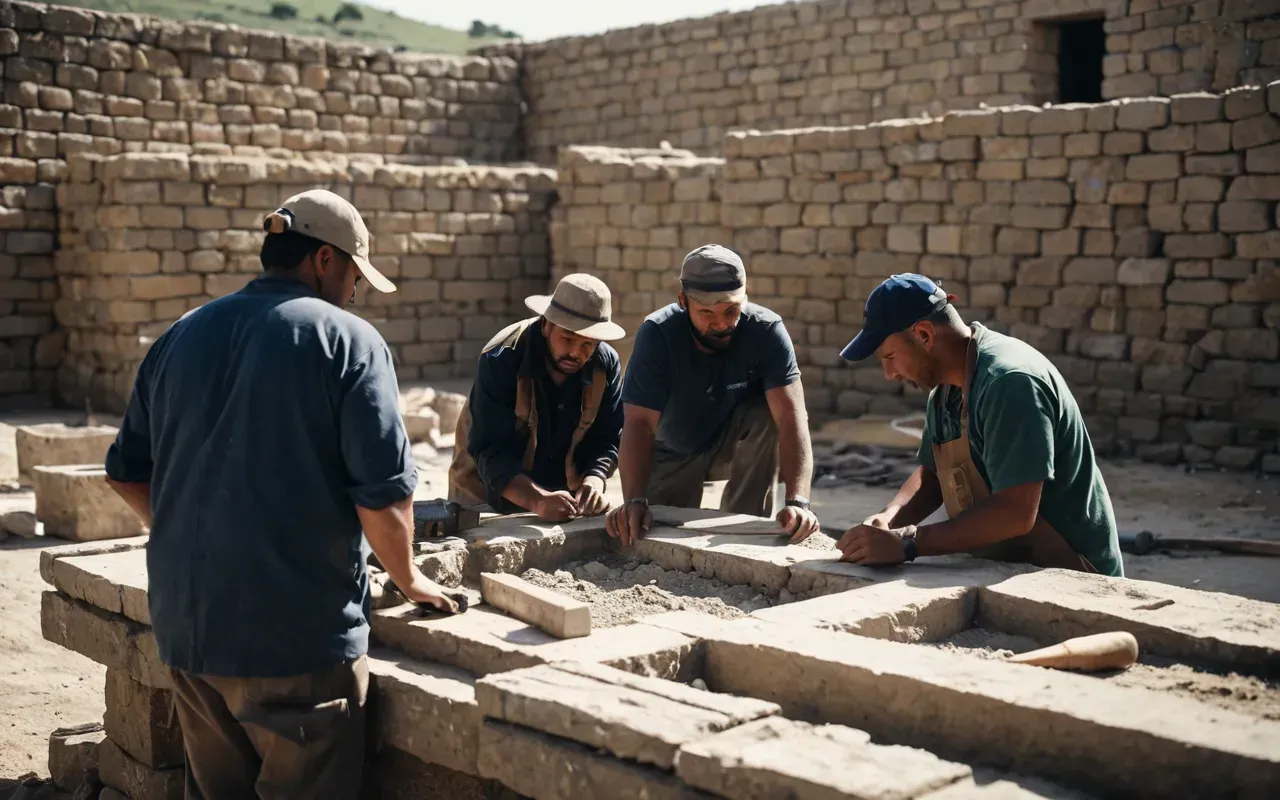 Wide shot of a group of people working together on a stone construction site with tools and materials scattered around under natural light