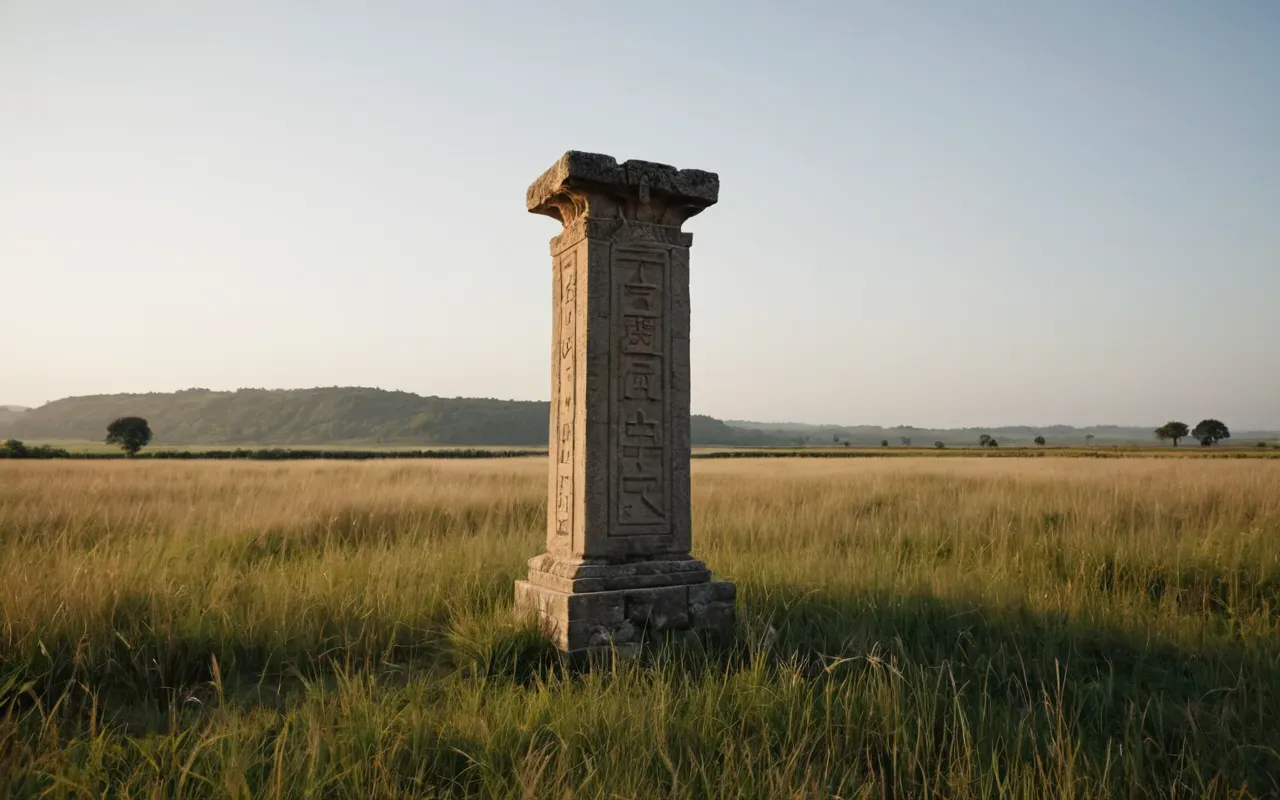 Wide shot of a large limestone T-shaped pillar standing in an open field under soft morning light with grasses swaying gently around its base and no people or text visible in the frame.