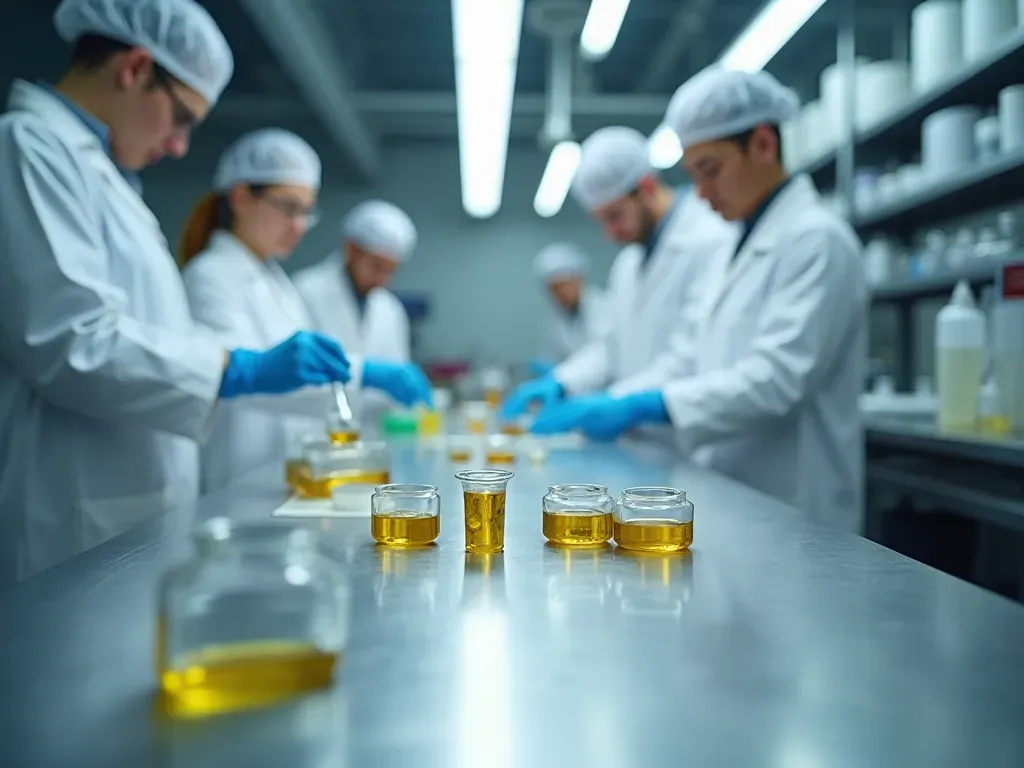 Wide shot of a modern laboratory with scientists examining small organic samples under bright white light on a clean stainless steel table.