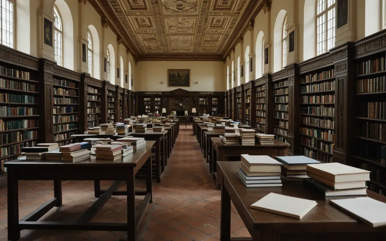 Wide shot of a modern library interior with stacks of books and reading desks showing the accumulation of historical knowledge in neutral academic setting without any visible titles or authors.