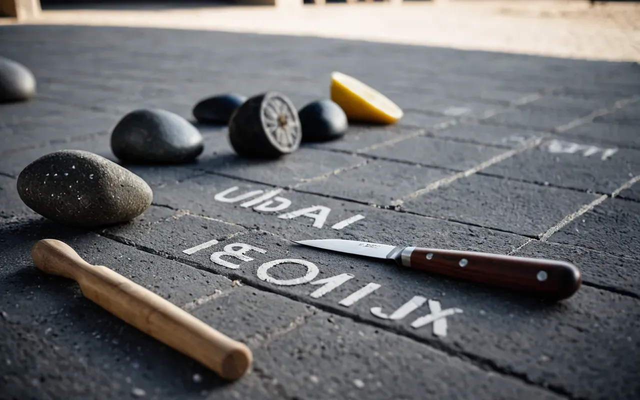 stone tool arrangement A clean editorial still life of various stone tools arranged on a concrete surface with natural daylight from one side