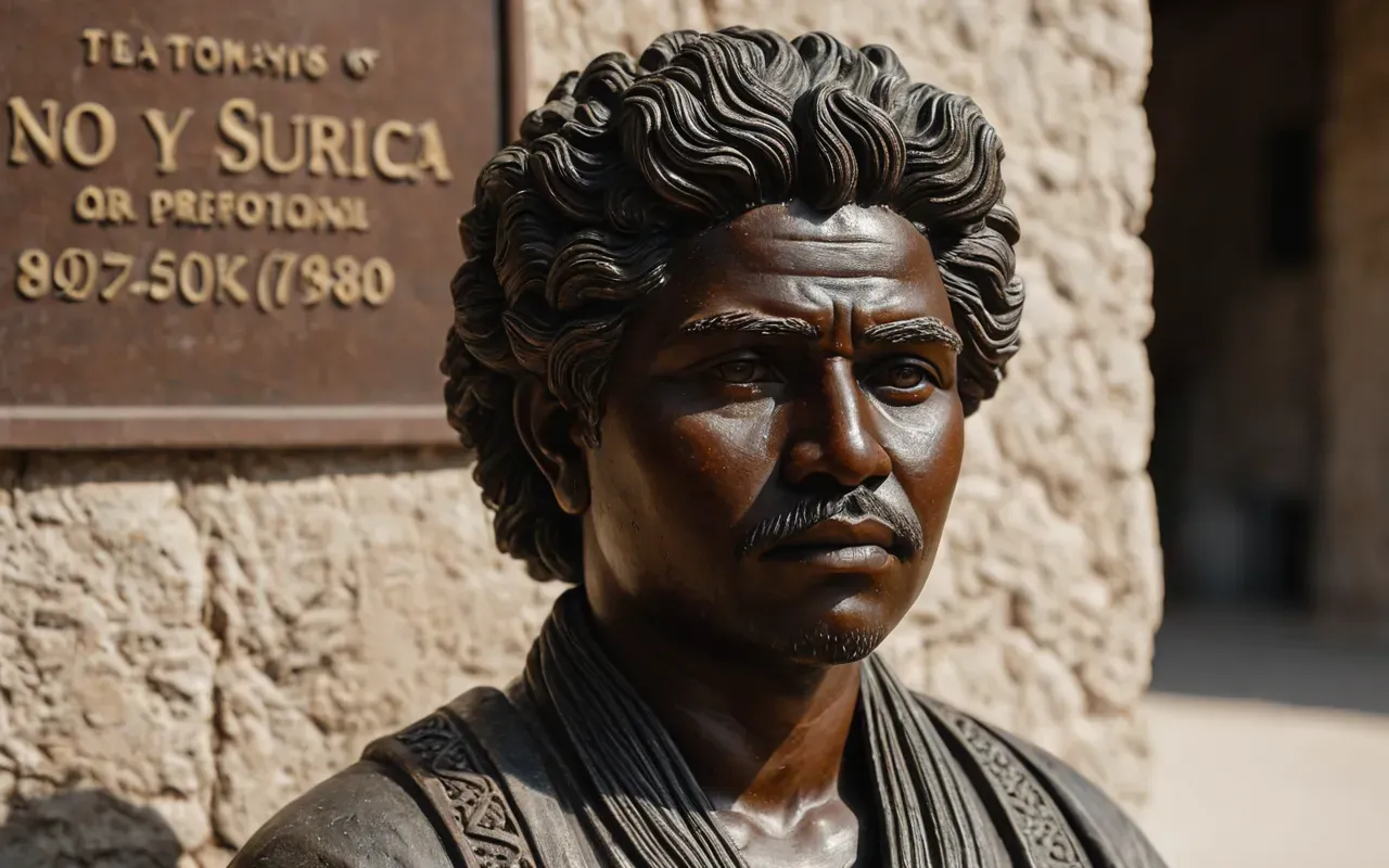 A close up of a clay sculpture with detailed facial features and textured hair sitting on a neutral stone surface under soft studio lighting highlighting the craftsmanship.