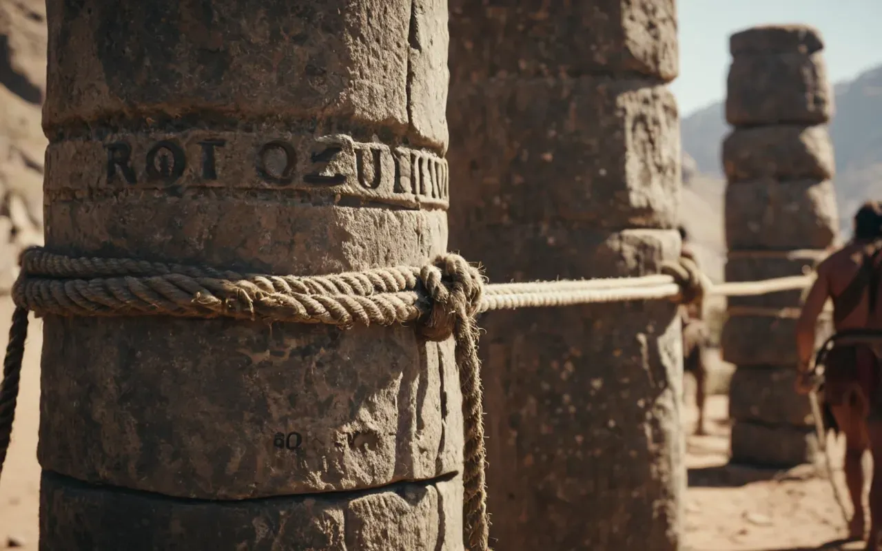 A close-up of a digital animation showing a group of prehistoric humans using wooden levers and ropes to move a massive stone pillar. The scene is set in a dusty open field with natural sunlight highlighting the tension in the ropes.