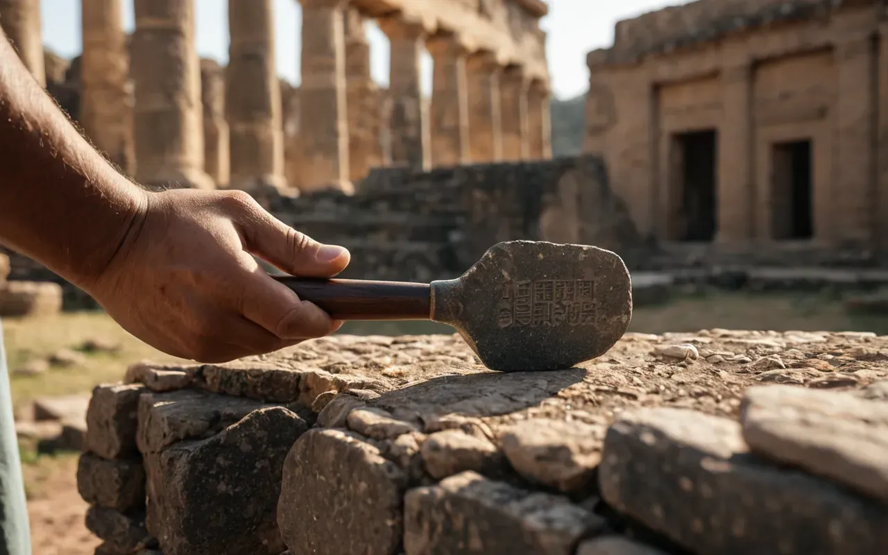 A close up of a hand holding a rough stone tool against a blurred background of ancient ruins in warm afternoon light.