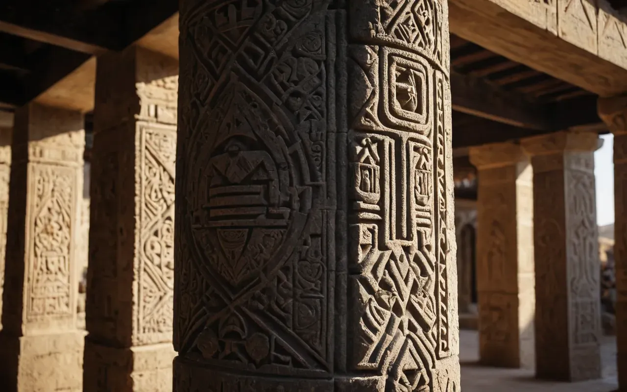 A close-up of a large stone pillar with abstract geometric shapes carved into its surface. The texture is rough and ancient. A beam of sunlight highlights the depth of the carvings against the shadowed background.
