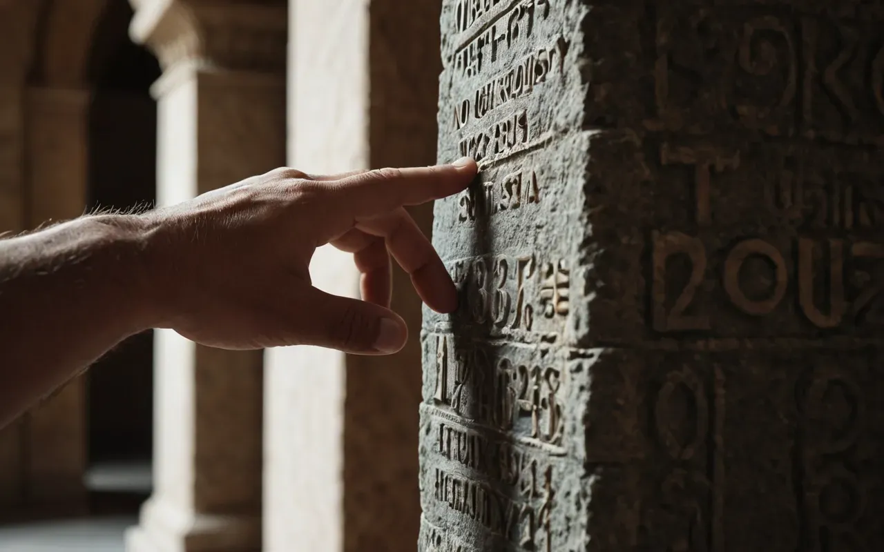A close up of a person's hand touching a rough stone pillar in a museum. The focus is on the texture and light.
