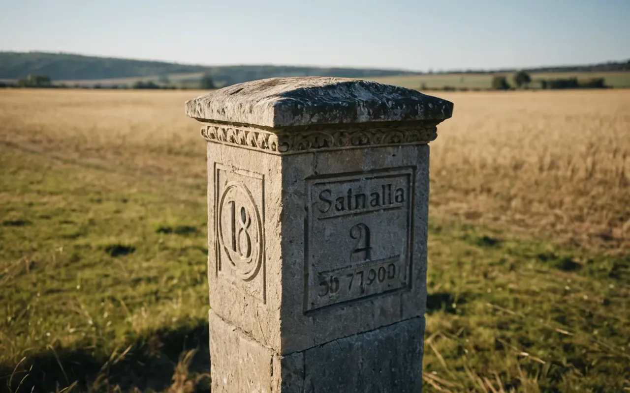 A close up of a weathered stone pillar standing in an open field under bright sunlight with soft shadows and no text or people visible.