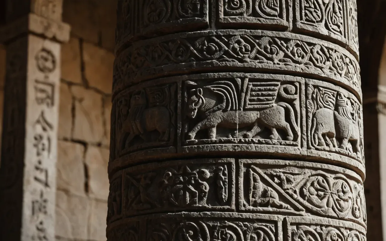 T-shaped pillars A close-up of a weathered stone pillar with abstract animal carvings in low natural light, showing deep grooves and a rough, ancient surface texture.
