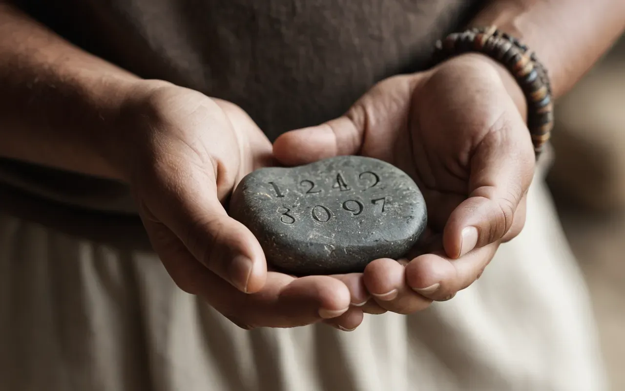stone hand closeup A close up of human hands holding a small smooth stone tool against a plain neutral background with soft diffused lighting