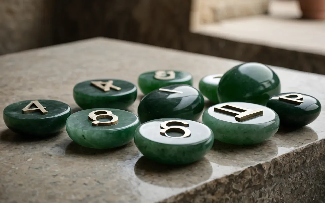 A close-up of several polished jade objects resting on a neutral stone surface with soft natural light highlighting their smooth textures and subtle green hues without any text or branding visible in the frame.