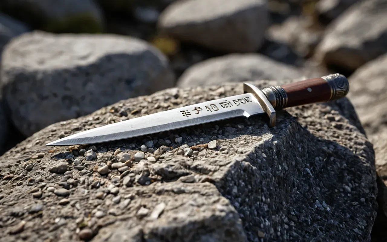 flint blade craftsmanship A close-up photo of a sharp flint blade resting on rough limestone rock. The lighting is dramatic, highlighting the microscopic scars and precision cuts on the stone edge. No text or labels are visible in the frame.