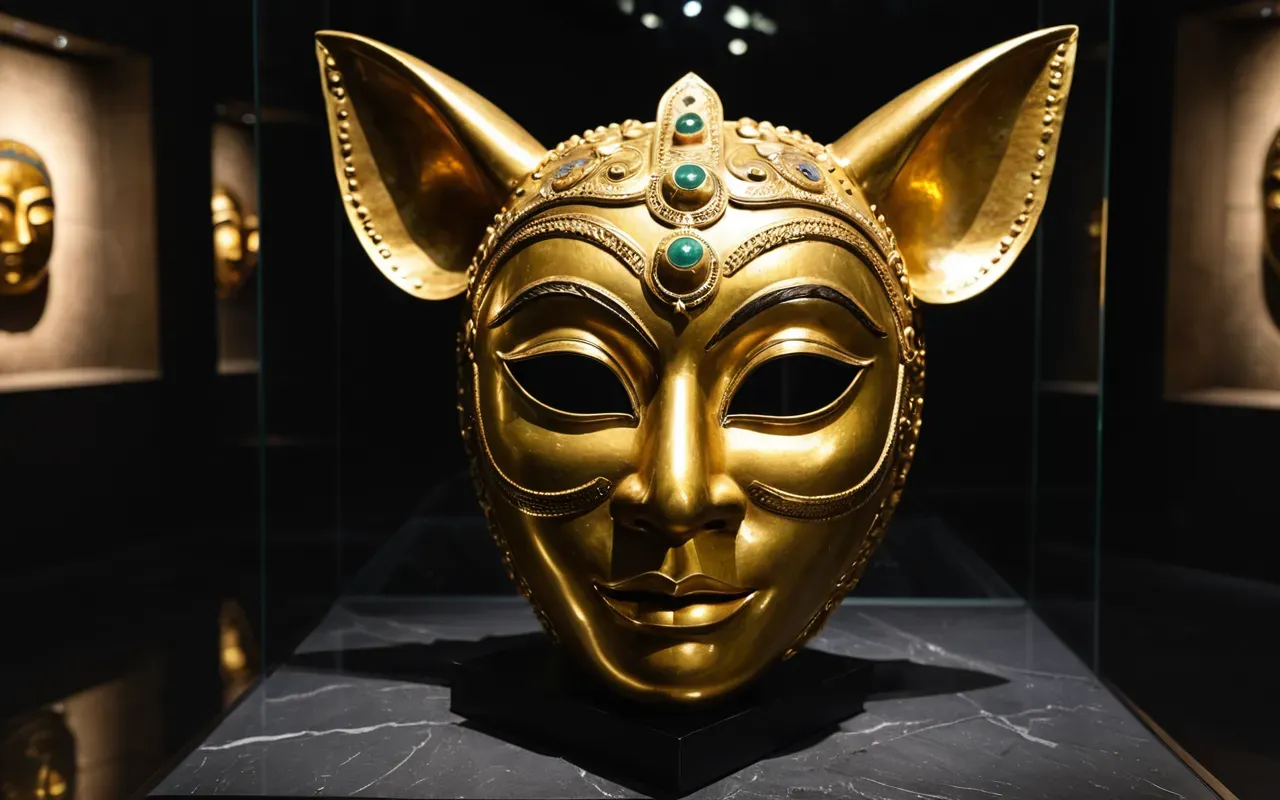 A close-up photo-realistic view of a large golden mask with exaggerated wide eyes and protruding ears resting on a dark stone surface in a dimly lit museum case.