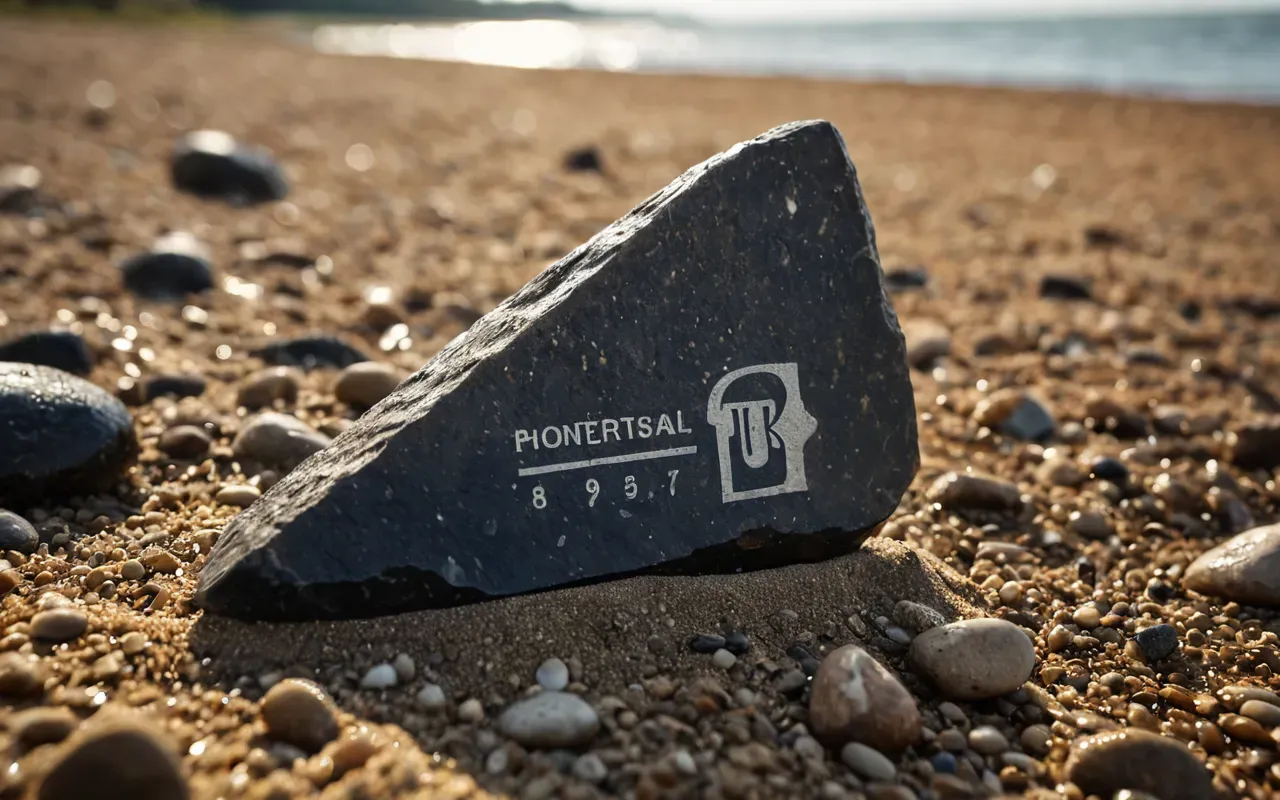 A close-up photo-realistic view of a rough flint stone tool resting on wet sandy soil near the water's edge. The lighting is soft and natural morning light highlighting the sharp edges of the chipped rock.