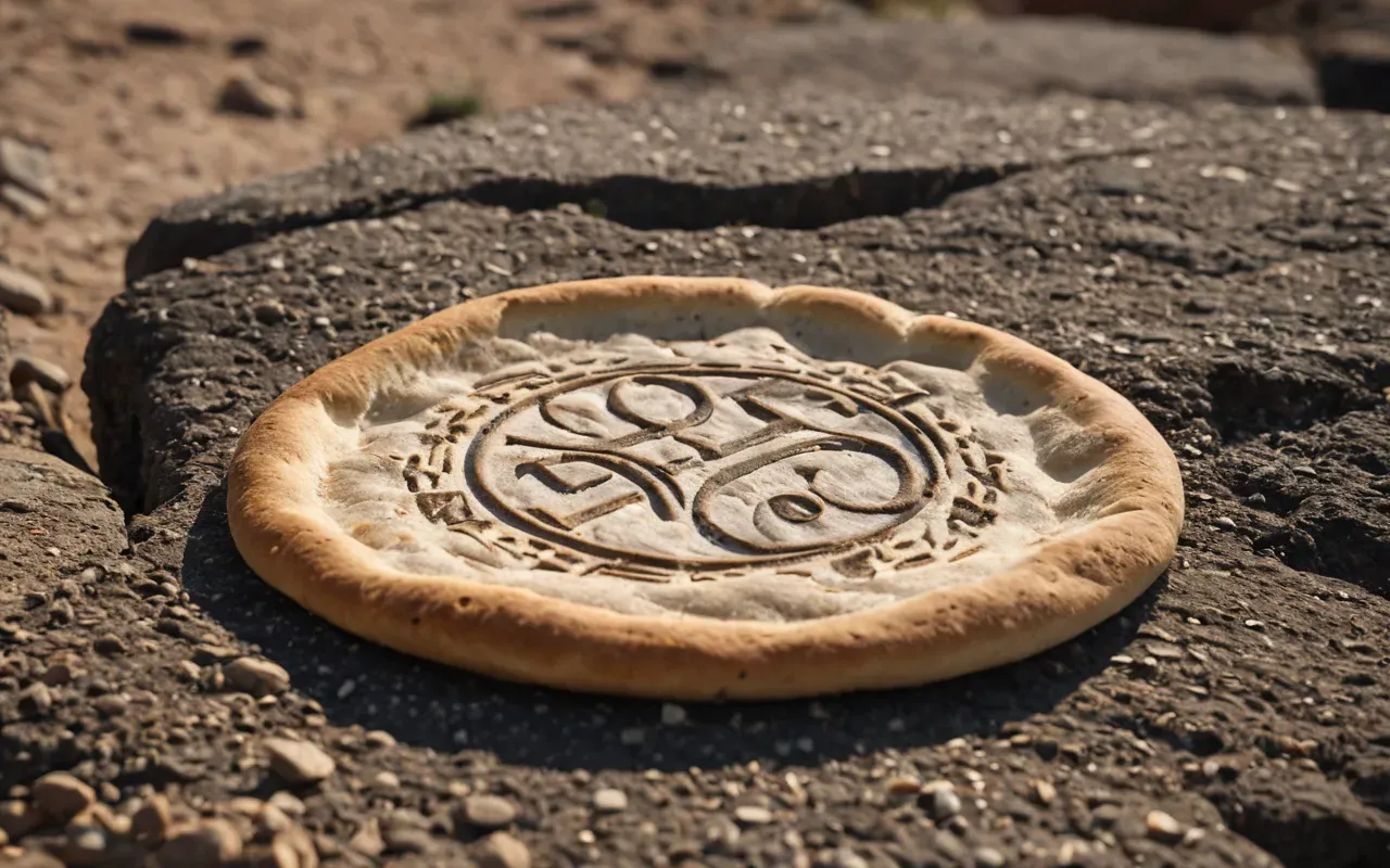 ancient flatbread texture A close-up photograph of a round flatbread resting on rough textured sandstone. The bread is slightly charred at the edges and has a matte surface with visible lentil seeds embedded in the crust.