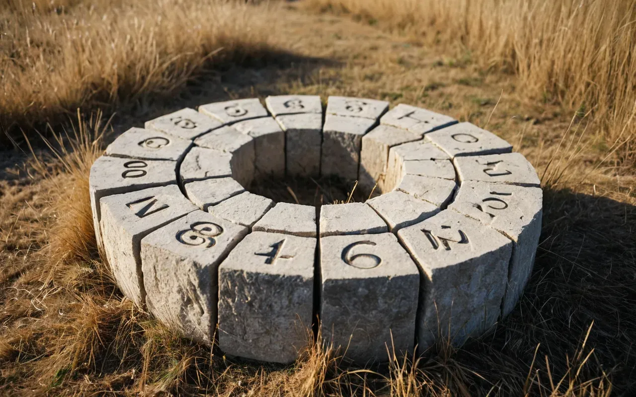 A close-up photograph of rough-hewn limestone blocks arranged in a circular pattern on dry grassland under soft afternoon light with shallow depth of field and neutral earth tones.