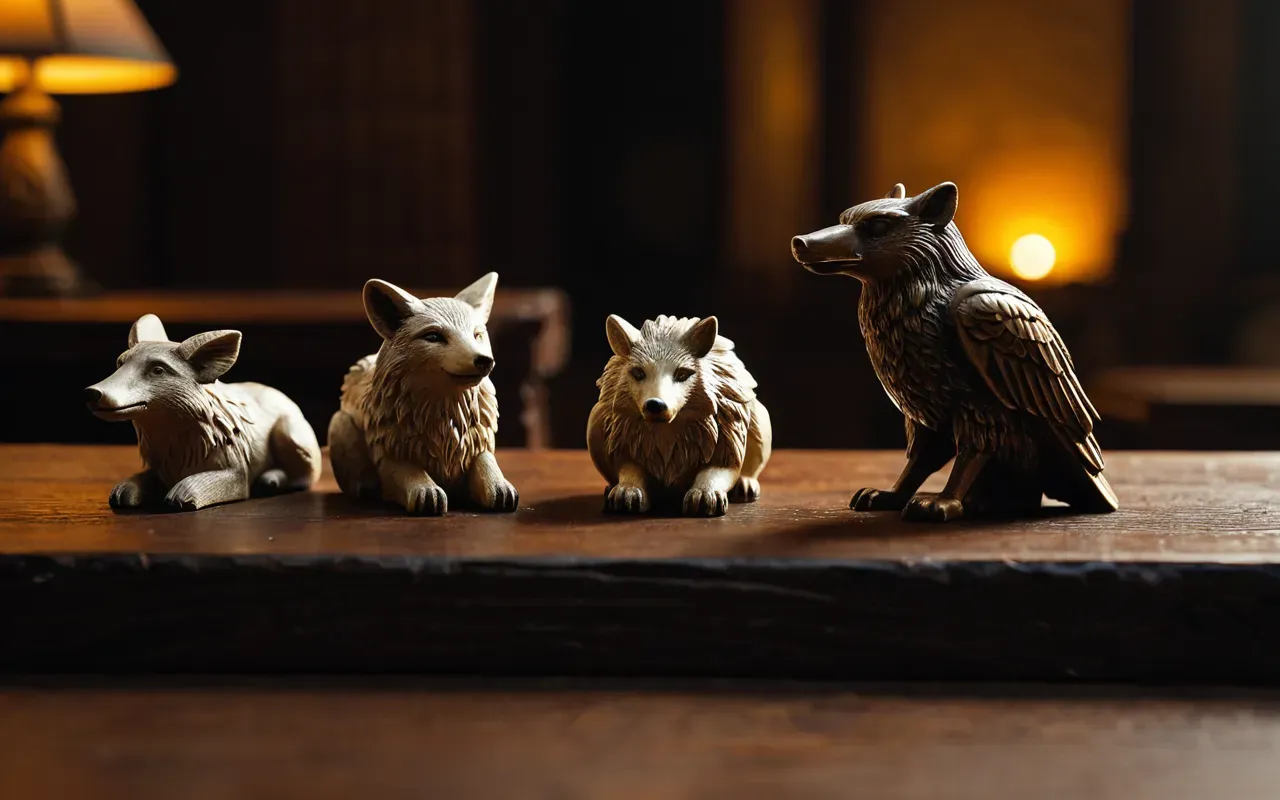 carved animal sculptures A close-up photograph of three small carved animal figurines representing a fox a vulture and a boar resting on a dark wooden table under soft warm lighting with shallow depth of field highlighting the stone texture.