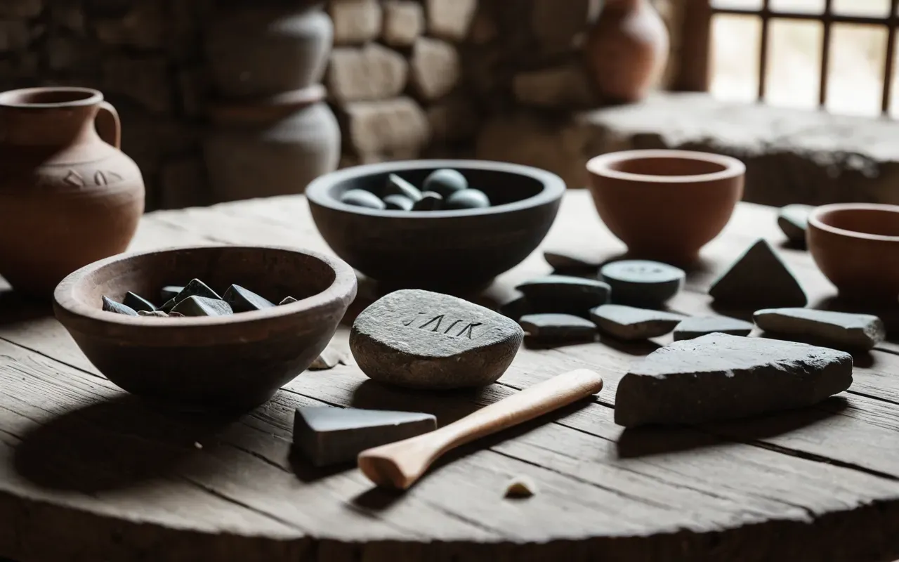 A close up view of ancient stone tools and pottery shards arranged on a neutral wooden table in soft natural light, highlighting textures without any text or labels.
