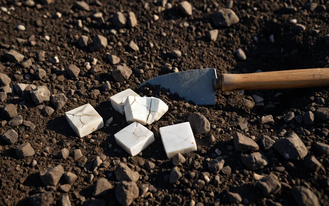 ancient city Kibyra excavation A close up view of cracked white marble fragments scattered on dark soil. A wooden trowel lies nearby in the soft afternoon sunlight. The scene is quiet and detailed.