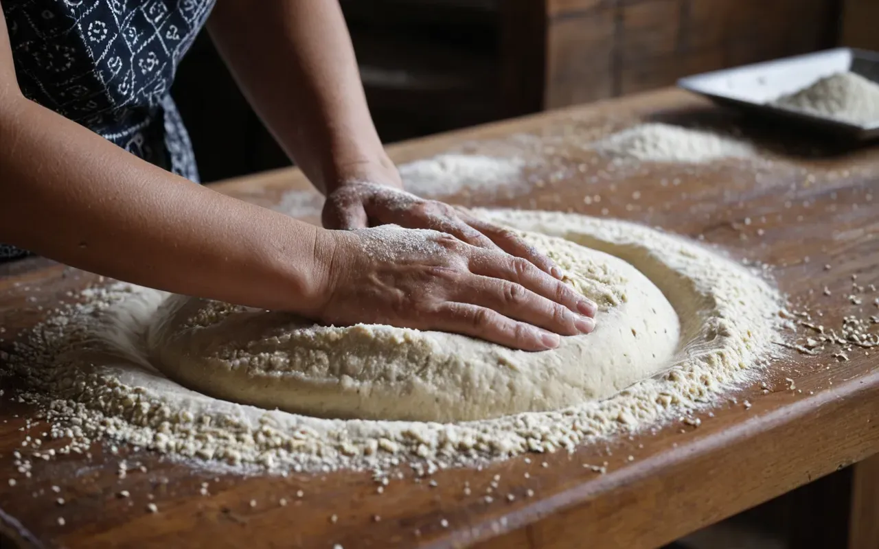 ancient grain dough A close-up view of hands kneading a dense dough mixture on a wooden work surface. The dough contains visible dark seeds and coarse grains with flour dusting the fingers.